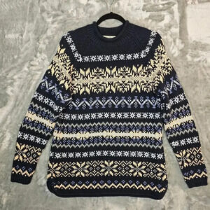 Vintage Eddie Bauer Sweater Womens M Blue Fair Isle 100% Cotton Knit